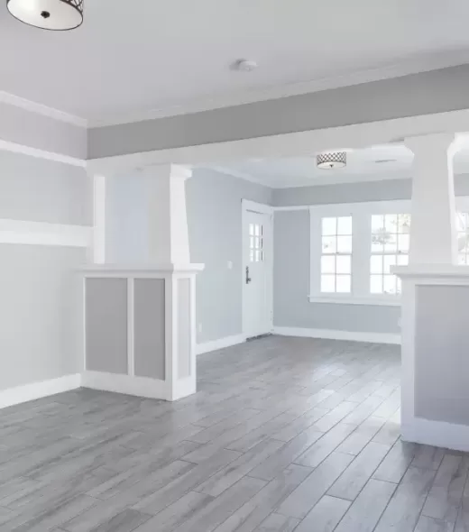 Living,Room,Interior,After,Remodelling,With,Fire,Place,And,Grey